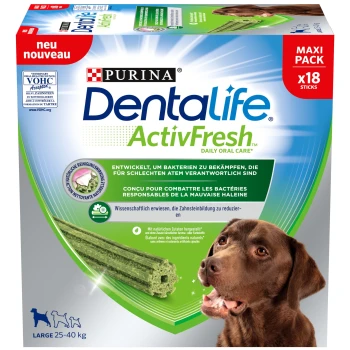 Multipack Activ Fresh 18 Pièce Purina Dentalife ActivFresh soins bucco-dentaires quotidiens pour chiens, mettant en avant un labrador chocolat et une boîte contenant 18 bâtonnets dentaires verts.