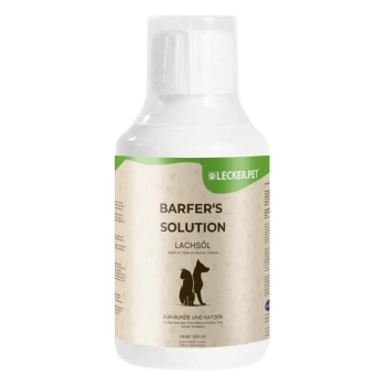 Flasche BARFER'S SOLUTION Lachsöl für Hunde und Katzen, 500 ml, mit einem beigen Etikett, das die Silhouette eines Hundes und einer Katze zeigt.