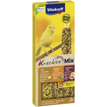 Vitakraft Kräcker Mix bird treat with egg, grass seeds, honey, sesame, apricot, and fig, for small birds, made in Germany.