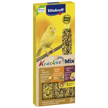 Vitakraft Kräcker Mix bird treat with egg, grass seeds, honey, sesame, apricot, and fig, for small birds, made in Germany.