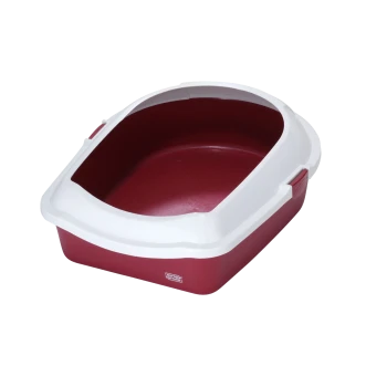 Rote und weiße Katzentoilette mit offenem Oberteil, mit glattem Innenraum und einem leichten Rand für einfachen Zugang.