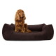 Braunes Corduroy-Hundebett mit erhöhten Rändern für Komfort, mit einem kleinen Etikett, das "PAW WOW" liest.