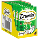 Packung mit Dreamies Katzenleckerlis, die sechs 60 g Beutel in einer hellgelben Box enthält, mit einer verspielten Katzenillustration und Text in mehreren Sprachen.