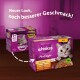 Whiskas Katzenfutterverpackung mit einer grauen Katze, mit dem Text "Neuer Look, noch besserer Geschmack!" und "Geflügel Ragout in Gelee."