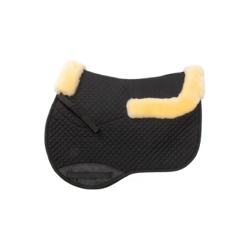 Schwarze, gesteppten Sattelunterlage mit einem weichen gelben Fleecebesatz entlang der oberen Kante, mit einem Riemen zur Befestigung.