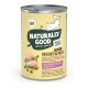 Nourriture en conserve pour chat étiquetée "Naturally Good" avec "Adult Veggies & Meat" et des images de pois et de morceaux de viande, promouvant les protéines végétales et animales.
