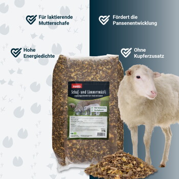 PANTO Schaf- & Lämmermüsli 15 kg, Schaf und Futter; Text: 'für laktierende Mutterschafe'; 'energiereich'; 'fördert Pansen'; 'ohne Zusatzkupfer'
