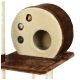Katzenbaum mit einem runden, plüschigen Versteck in beige und braun, mit drei kleinen Spielzeugmäusen, die aus Löchern hervorschauen.
