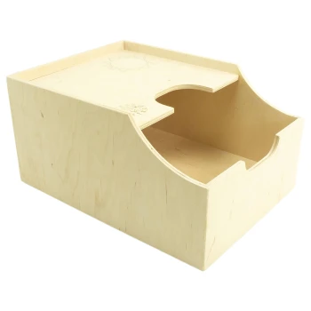 Holzaufbewahrungsbox für Haustiere mit einer geschwungenen Aussparung, mit einer glatten Oberfläche und natürlichem Finish, ideal zur Organisation von Haustierbedarf.