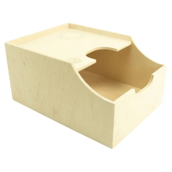 Holzaufbewahrungsbox für Haustiere mit einer geschwungenen Aussparung, mit einer glatten Oberfläche und natürlichem Finish, ideal zur Organisation von Haustierbedarf.