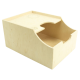 Holzaufbewahrungsbox für Haustiere mit einer geschwungenen Aussparung, mit einer glatten Oberfläche und natürlichem Finish, ideal zur Organisation von Haustierbedarf.