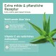 Extra milde & pflanzenbasierte Formel mit Aloe Vera und Vitamin E. Der Text hebt feuchtigkeitsspendende und antioxidative Vorteile hervor.