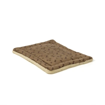 Braunes Haustierbett mit einem Knochen- und Pfotenabdruckmuster, mit einem plüschigen, cremefarbenen Rand.