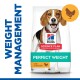 Hill's Science Plan dog food bag labeled "Perfect Weight" with chicken, featuring a beagle and the text "Weight Management."