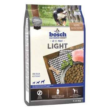 Light 2,5 kg Bosch High Premium Concept Light Hundefutter, 2,5 kg, mit 20% Protein, 6% Fett, in einer braunen und blauen Tüte für übergewichtige Hunde.