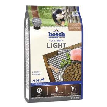 Karma dla psów Bosch High Premium Concept Light, 2,5 kg, z 20% białka, 6% tłuszczu, w brązowej i niebieskiej torbie dla psów z nadwagą.
