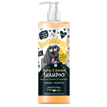 Bugalugs Mango & Banana Shampoo-Flasche, 500ml, mit einem Cartoon-Hund, der tiefenwirksame Pflege für Haut und Fell verspricht, pH-ausgeglichen und parabenfrei.
