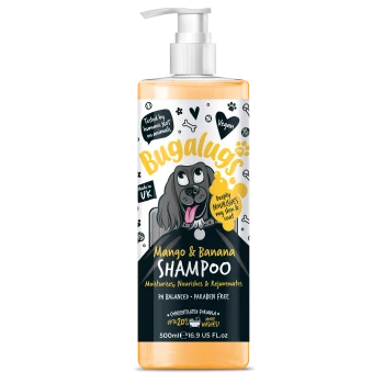 Bugalugs Mango & Banana Shampoo-Flasche, 500ml, mit einem Cartoon-Hund, der tiefenwirksame Pflege für Haut und Fell verspricht, pH-ausgeglichen und parabenfrei.