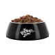 Schwarze Futterschüssel gefüllt mit Nassfutter, mit Aufschrift 'Lucky Jim', Hundesymbol und Text 'THE REAL TASTE!'.