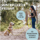 Ein Golden Retriever auf einem Waldweg, mit einem 5-Meter-Leine gesichert. Der Text hebt 'Kontrollierter Freilauf' und Trainingsvorteile hervor.