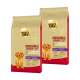 Zwei Beutel Select Gold Medium Junior Sensitive Hundefutter, mit einem Bild von einem Golden Retriever Welpen und den Schwerpunkten Lamm, Lachs und Kartoffeln.