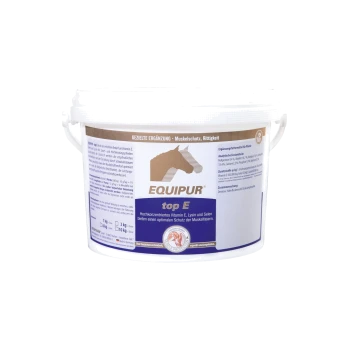 Weißer EQUIPUR Top E Behälter für Pferde, der hochkonzentriertes Vitamin E, Lysin und Selen zum Schutz der Muskeln hervorhebt.