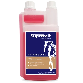 Flasche Supravit Elektrolyt-Flüssignahrung für Pferde, 1000 ml, mit Dosierkammer und Pferdeillustration.