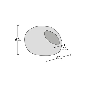 Illustration eines Haustier-Höhlenbettes, Maße ungefähr 28 cm Höhe, 21 cm Öffnungsbreite und 45 cm Länge.