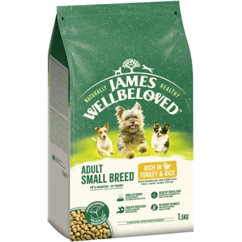 James Wellbeloved Adult Small Breed Hundefutterbeutel, reich an Truthahn & Reis, hypoallergen, 1,5 kg, mit Bildern von drei kleinen Hunden.
