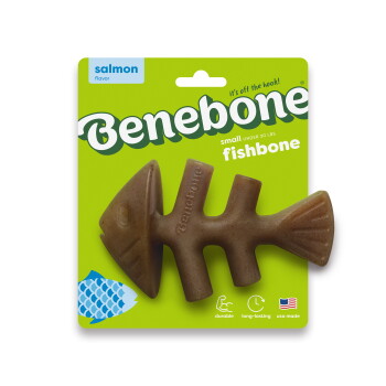 A brown rubber pet toy shaped like a fish and bone, featuring a textured surface and the brand name "benebone" embossed on it.