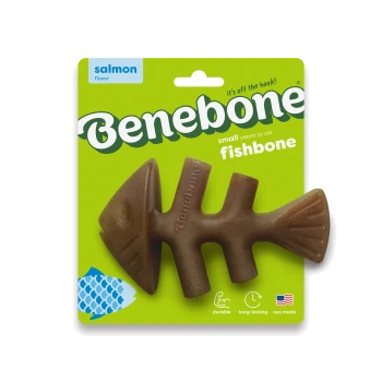 A brown rubber pet toy shaped like a fish and bone, featuring a textured surface and the brand name "benebone" embossed on it.