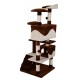 Brauner und cremefarbener mehrstöckiger Katzenbaum mit Plattformen, Kratzpfosten und einem gemütlichen Versteck.