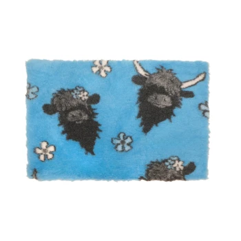 Blue fleece pet mat patterned with black highland cow heads and white flowers