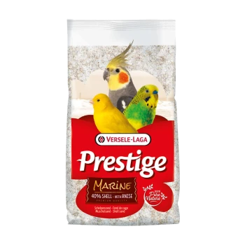 Sack Versele-Laga Prestige Marine Vogelsand mit drei bunten Vögeln und dem Text "40% Schale - mit Anis" auf der Vorderseite.