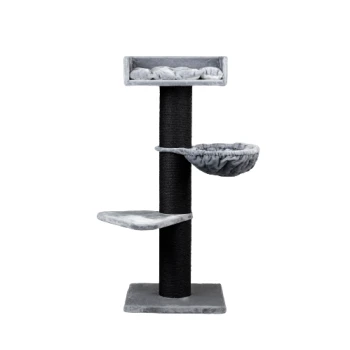 Ein moderner Katzenbaum mit einer plüschigen oberen Liegefläche, einer gemütlichen Hängematte und einer flachen Plattform, mit einem stabilen schwarzen Sockel und einem Kratzbaum.