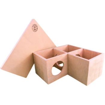 Holzspielzeugpuzzle für Haustiere mit einem dreieckigen Deckel und vier Fächern, entworfen für kleine Tiere zur Anregung von Spiel und geistiger Aktivität.