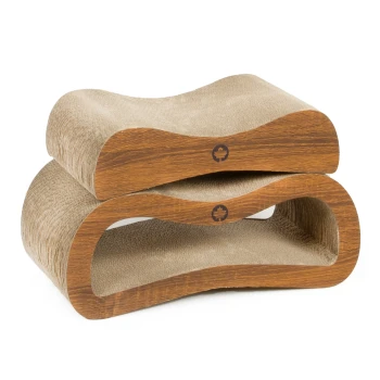 Ein stilvoller zweistufiger Kratzbaum für Katzen aus Holz und strukturiertem beigem Material, mit abgerundeten Kanten und modernem Design.