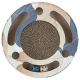 Runder Kratzbaum für Katzen mit einem bunten Blätterdesign, mit einem gewellten Zentrum und zwei kleinen Bällen in Blau und Beige.