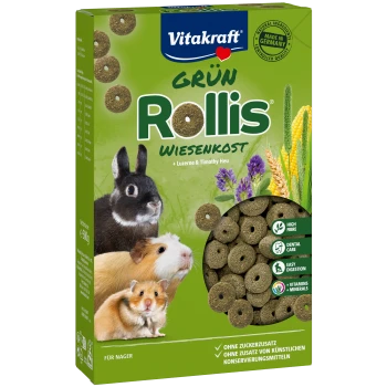 Vitakraft Grün Rollis Wiesenfutter für Kleintiere in einer grünen Box, die Pellets, einen Hasen und einen Hamster zeigt. Hoher Ballaststoffgehalt und leichte Verdauung.