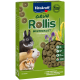 Vitakraft Grün Rollis Wiesenfutter voor kleine dieren in een groene doos, met pellets, een konijn en een hamster. Hoog vezelgehalte en gemakkelijk te verteren.