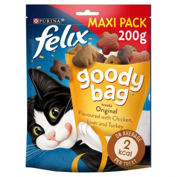 Colorful "Felix Goody Bag" 200g pet treat package with a playful black and white cat, featuring chicken, liver, and turkey flavors.