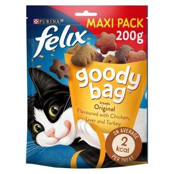 Colorful "Felix Goody Bag" 200g pet treat package with a playful black and white cat, featuring chicken, liver, and turkey flavors.