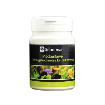 Behälter mit gefriergetrockneten Mückenlarven-Fischfutter von Silbermann, 250 ml, mit bunten Fischen und Wasserpflanzen auf dem Etikett.