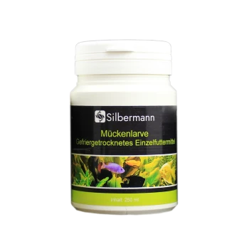 Behälter mit gefriergetrockneten Mückenlarven-Fischfutter von Silbermann, 250 ml, mit bunten Fischen und Wasserpflanzen auf dem Etikett.