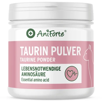 Behälter mit AniForte Taurin Pulver (Taurin-Pulver) mit einem rosa Etikett, das es als essentielle Aminosäure für Haustiere hervorhebt.