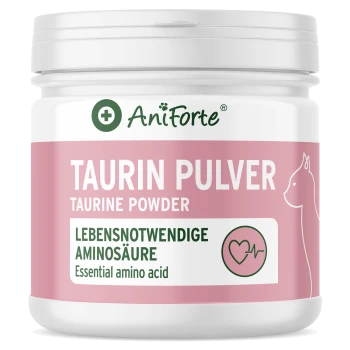 Behälter mit AniForte Taurin Pulver (Taurin-Pulver) mit einem rosa Etikett, das es als essentielle Aminosäure für Haustiere hervorhebt.
