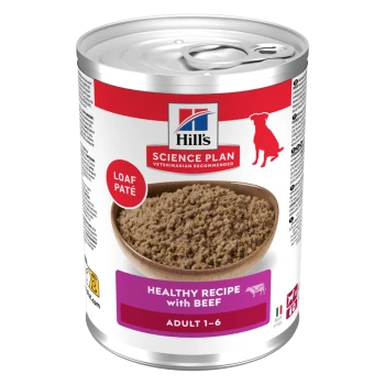 Hill's Science Plan Dosenfutter für Hunde (Loaf Pâté) mit Schüsselabbildung; Aufschrift Healthy Recipe with Beef und Adult 1–6.