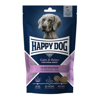 Verpackung des funktionalen Snacks Happy Dog Calm & Relax mit einem grauen Hund, mit Text in Deutsch und Englisch über verbessertes Wohlbefinden.