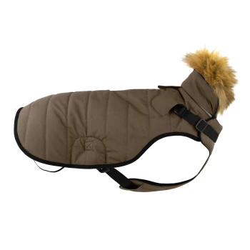 Brauner gepolsterter Hundemantel mit einem Kunstfellkragen, der verstellbare Riemen und ein gestepptes Design aufweist.