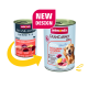 Zwei Animonda GranCarno Hundefutterdosen (alt und neu) mit 'NEW DESIGN'-Abzeichen, Text 'Reines Huhn + Kartoffeln' und 'Single Protein'